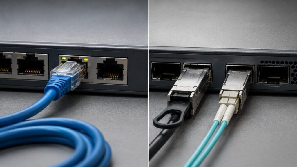 RJ45ケーブルを使う10GBASE-TとSFP+のDAC・光接続を比較したネットワーク機器