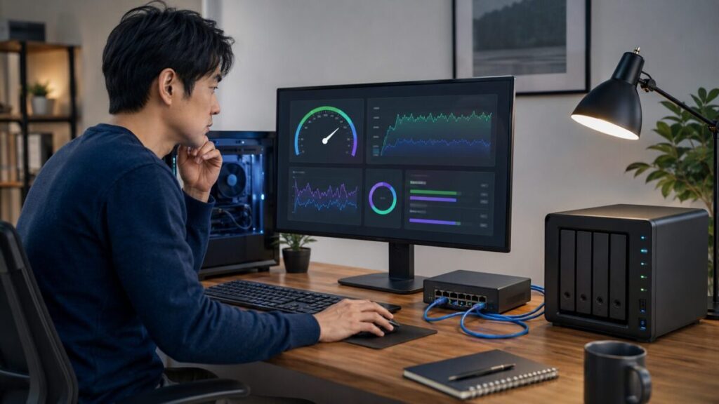 PCとNASの10GbE接続速度をネットワーク測定ツールで確認している様子
