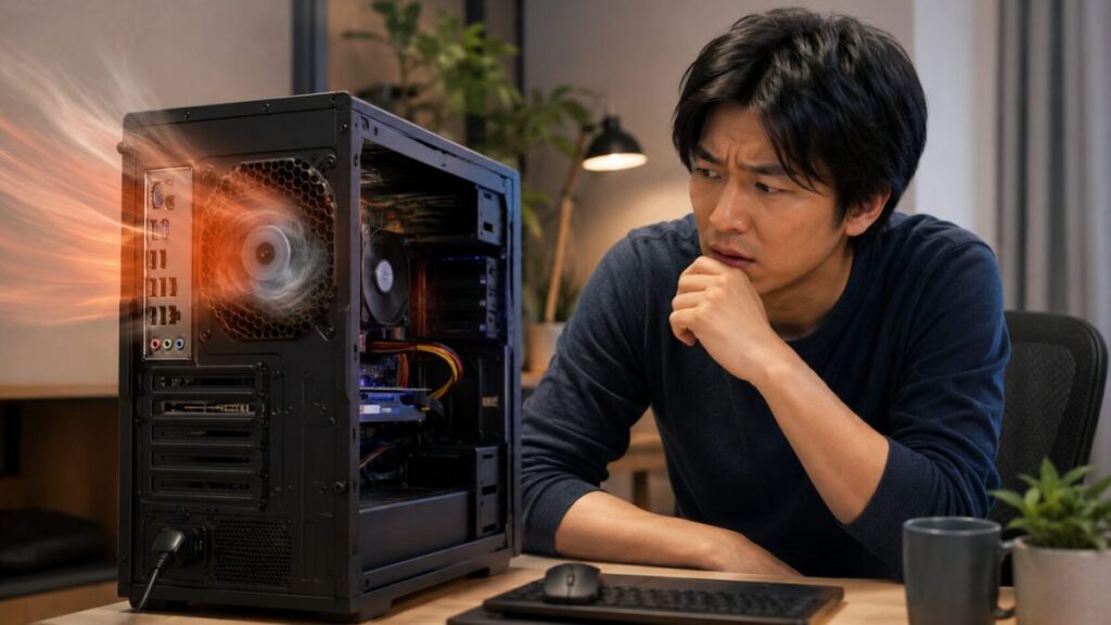 PCファンが高速回転しているデスクトップPCを確認する男性