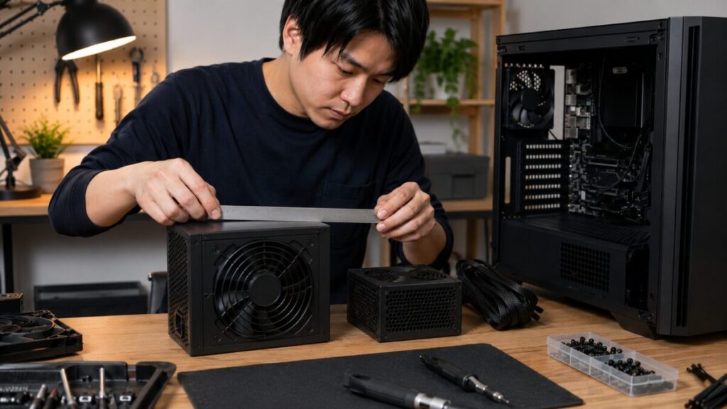 ATX電源とSFX電源の大きさを比較してPCケースとの互換性を確認する様子