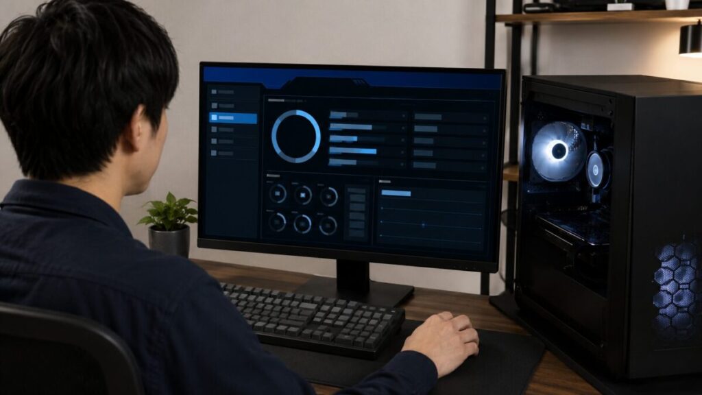 PCのファン回転数をBIOS画面で確認している様子