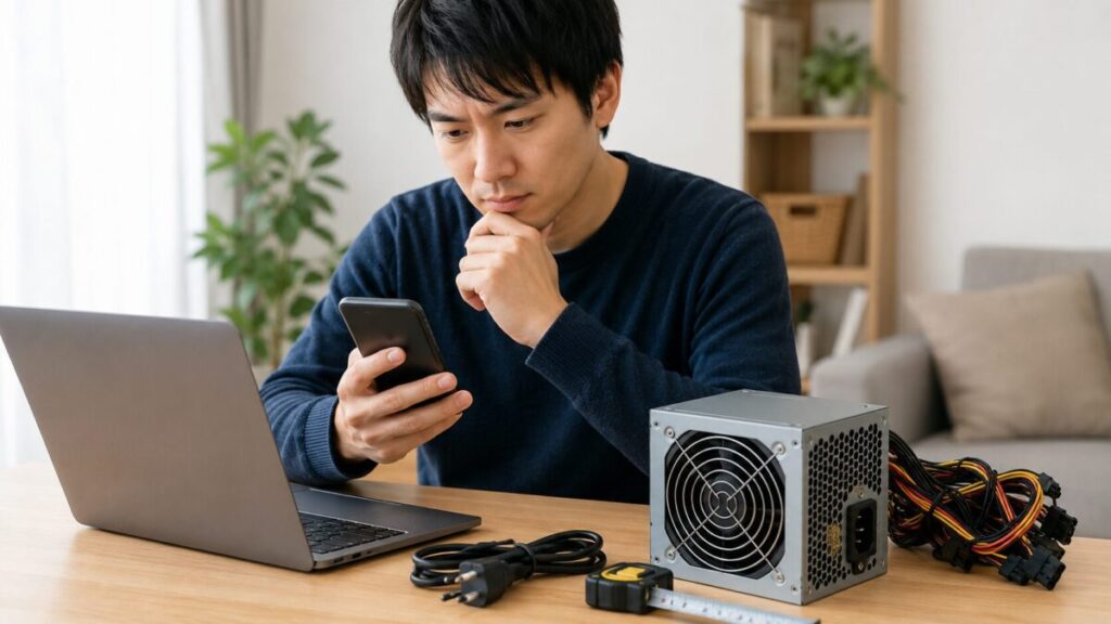 PC電源ユニットのサイズを測り自治体の処分ルールを確認する様子