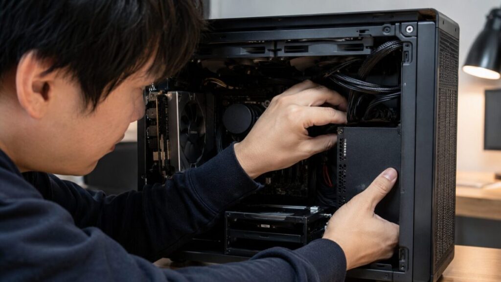 部品が密集した小型PCで電源ユニット周辺を作業する様子