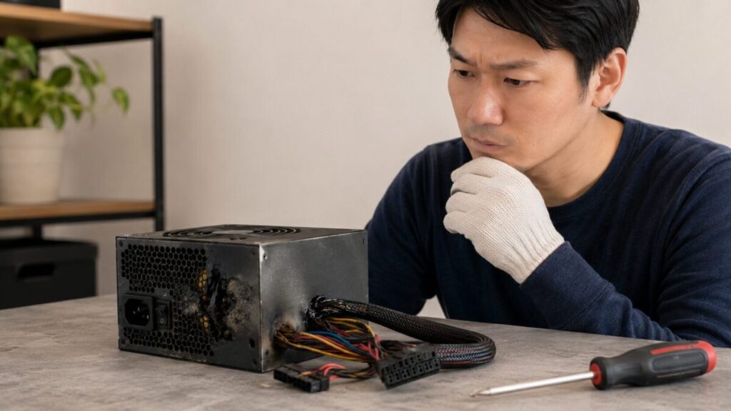 焦げ跡のあるPC電源ユニットを分解せずに確認する様子