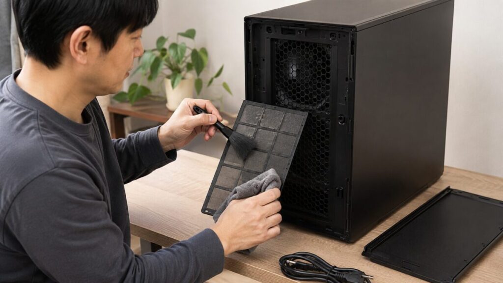 デスクトップPCから外したダストフィルターをブラシとクロスで掃除する様子
