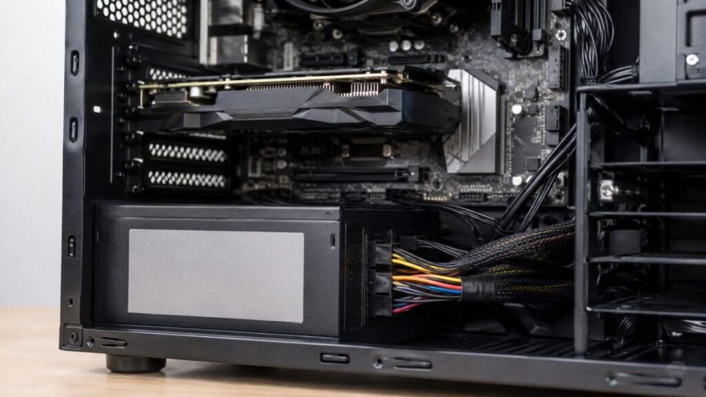 デスクトップPCケース内部の電源ユニットと配線を近くから確認できる画像