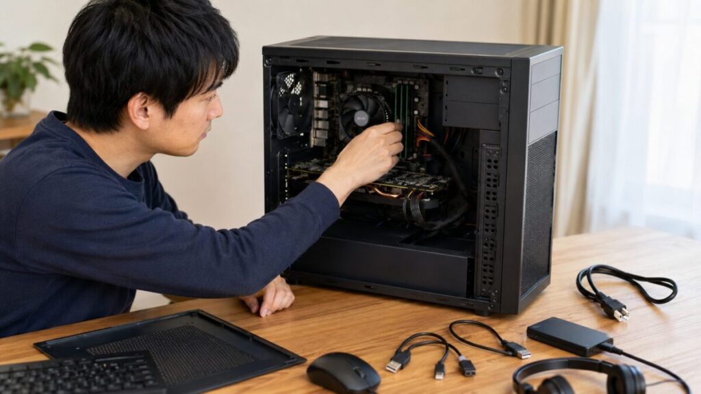 電源を抜いたデスクトップPCでメモリとグラボの接続を確認している様子