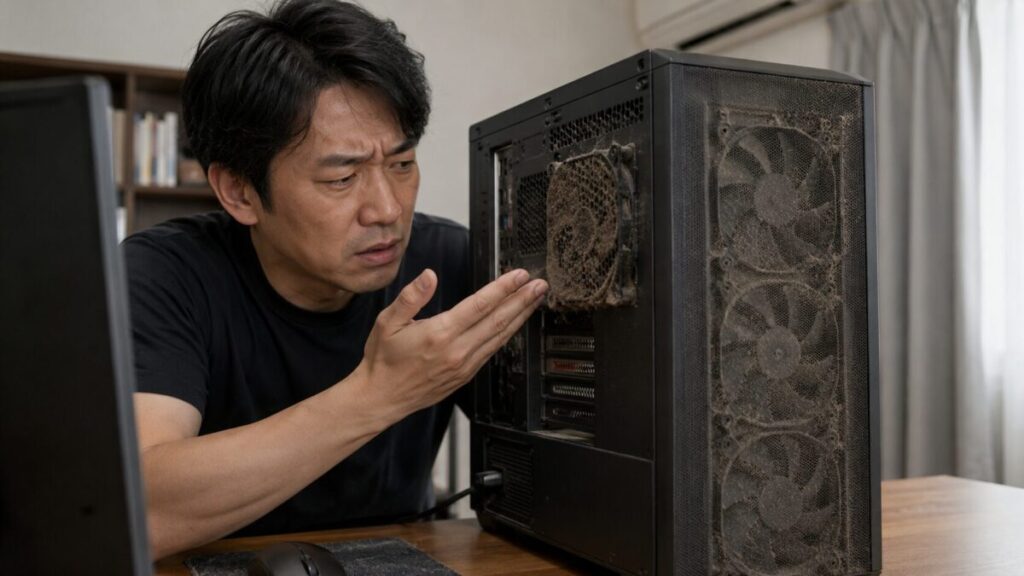 ほこりが詰まったデスクトップPCの吸排気ファンを確認する様子