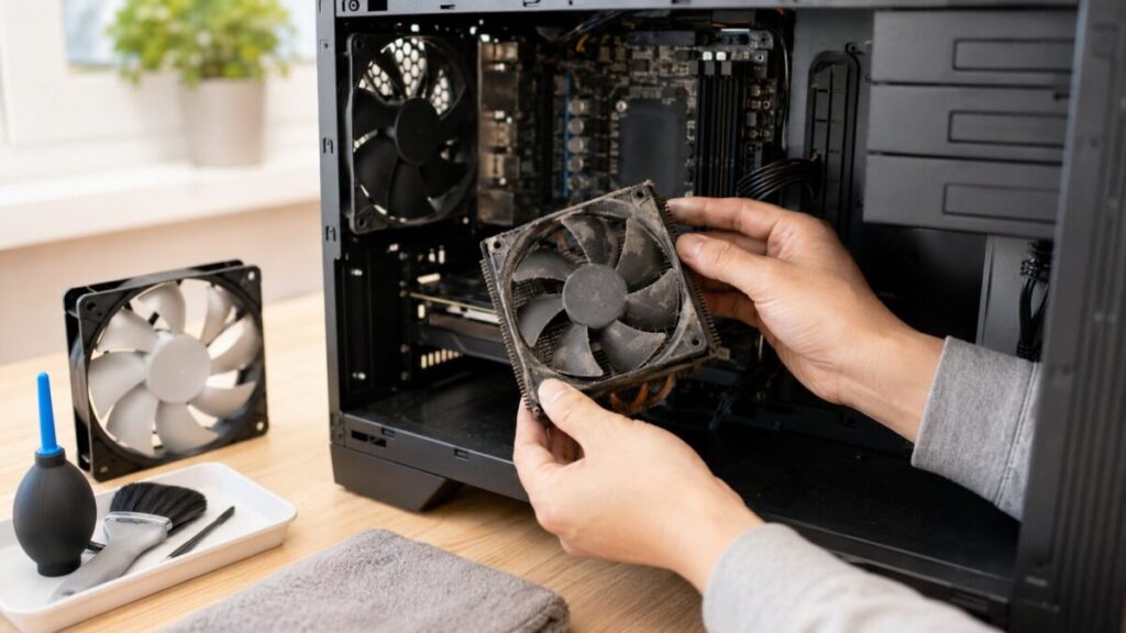 ホコリが付着したPCファンを清掃し交換用ファンを用意している様子