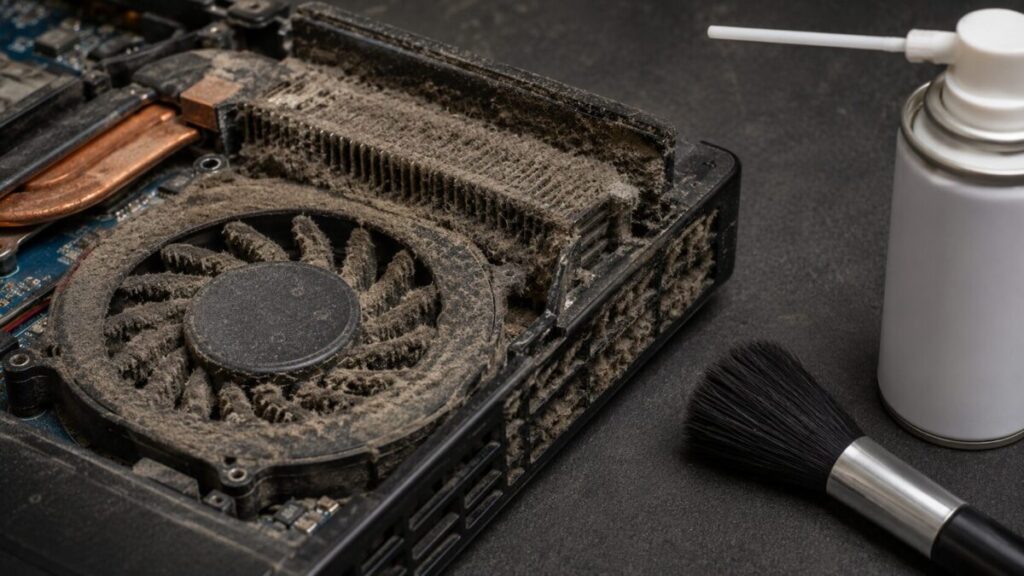 ホコリが詰まったPCファンとヒートシンクを清掃前に確認する様子