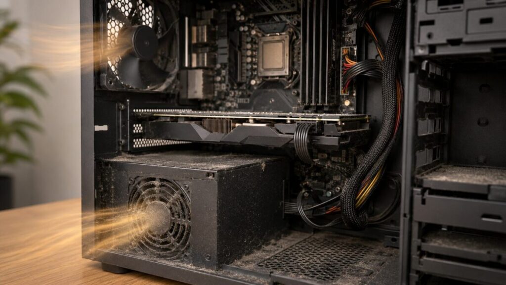 ほこりがたまったPC内部の電源ユニットと冷却ファン