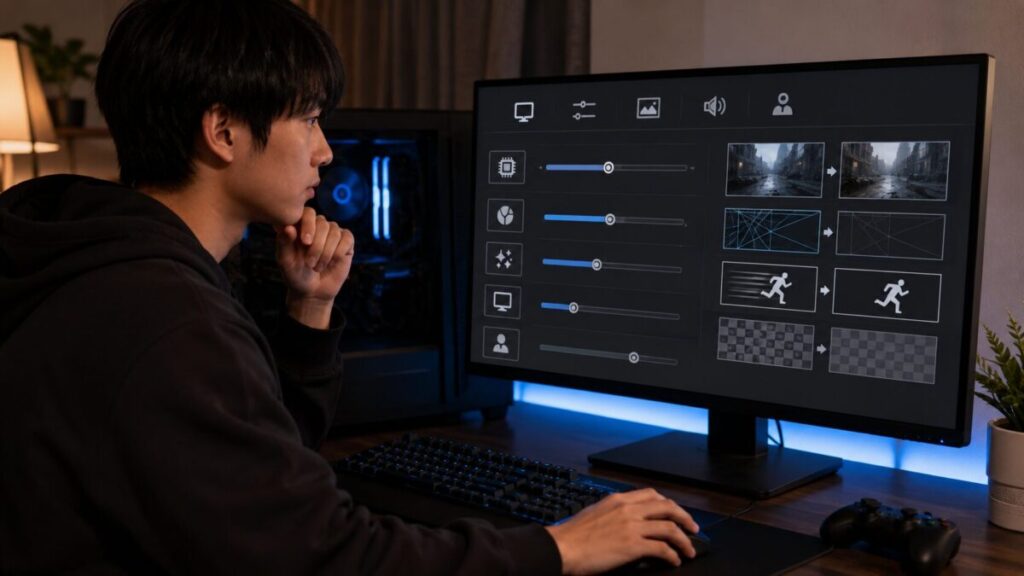 ゲームのグラフィック設定を見直してPCゲームが落ちる原因を確認する男性