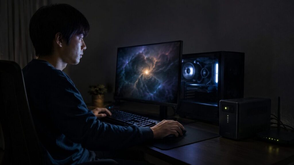 停電中にUPSで給電されたゲーミングPCを安全にシャットダウンしている様子