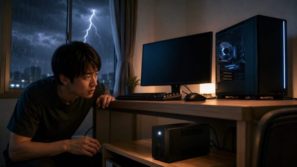 雷雨の夜にUPSを接続したゲーミングPCデスクを確認している様子