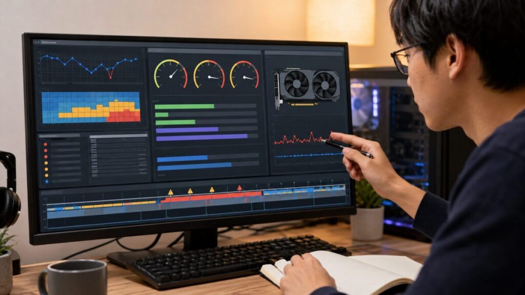 GPUのログや温度、VRAM使用量をモニターで確認している作業画面