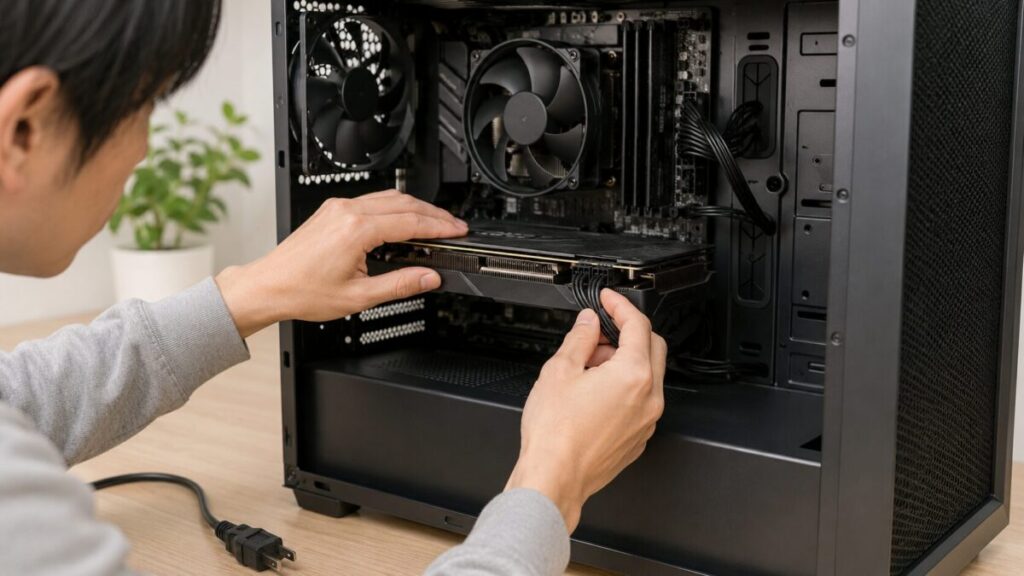 電源を切ったPC内部でグラボの補助電源ケーブルを確認している様子