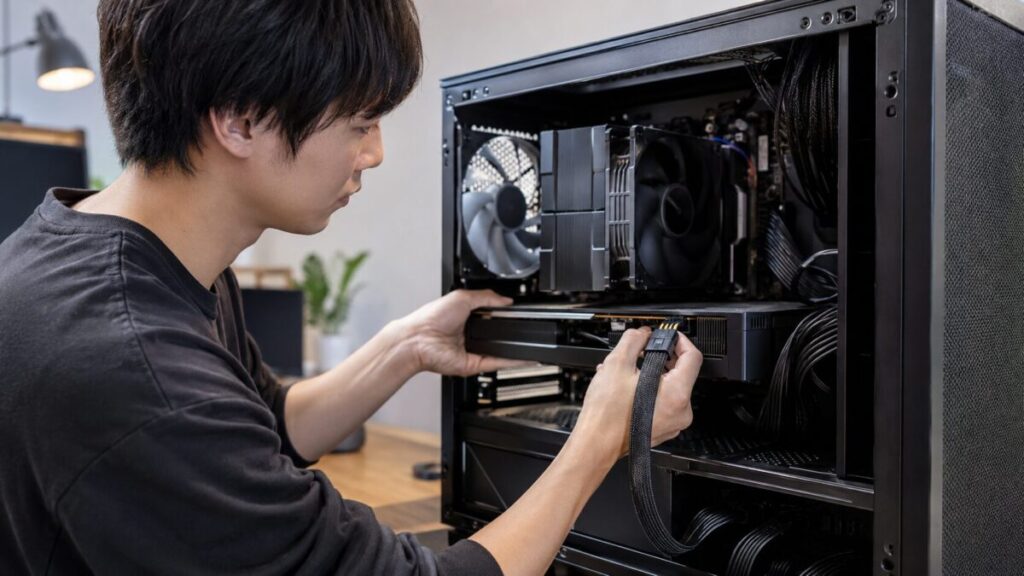 ゲーミングPC内部でグラフィックボードの補助電源ケーブルを確認する様子