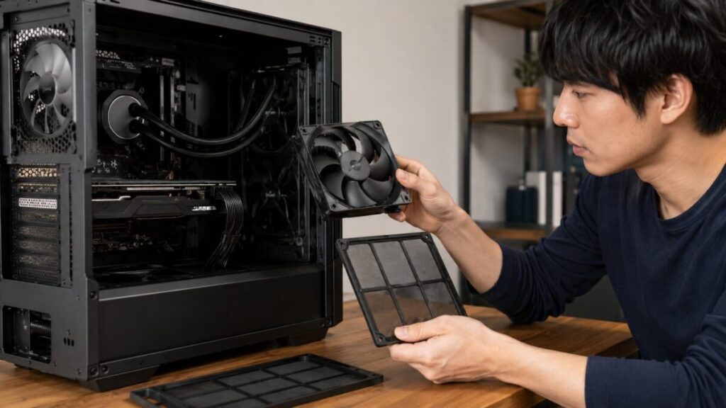 PCケース用の高静圧ファンと取り外し式フィルターを比較して取り付けを検討する様子
