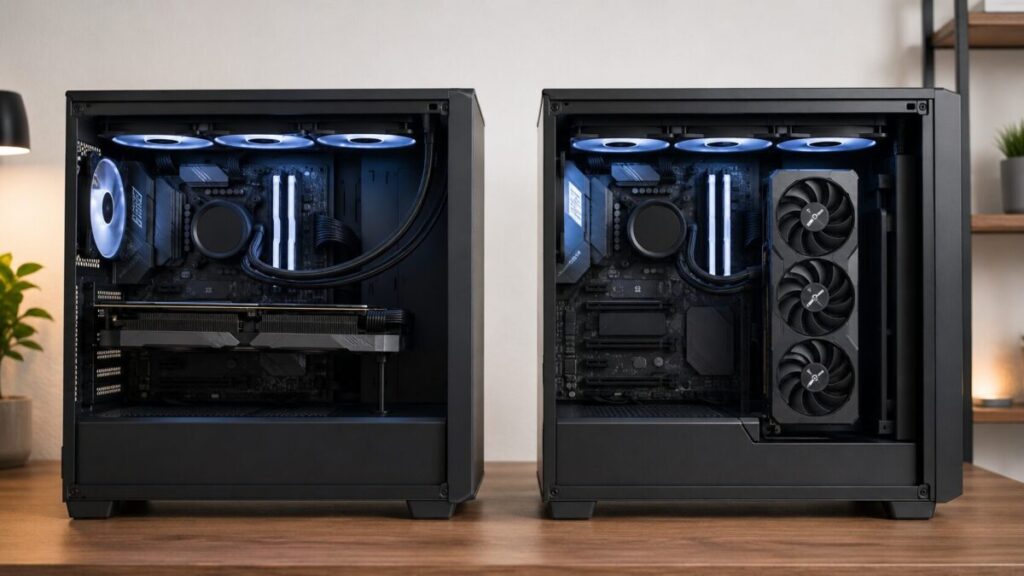 グラボを横置きしたPCと縦置きしたPCを並べた取り付け方法の比較