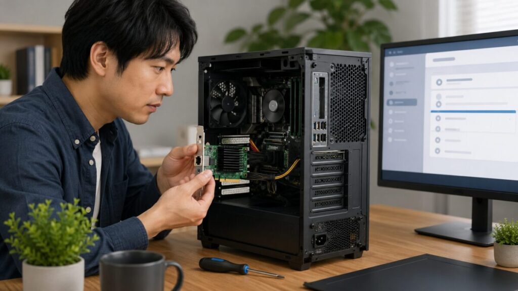 デスクトップPCのPCI Expressスロットへ10GbE対応LANカードを取り付ける様子