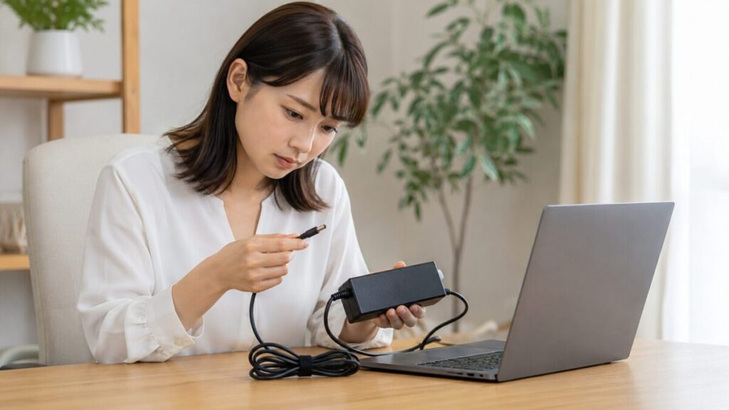 ノートPCのACアダプターを手に持ち、電源ワット数を確認している様子