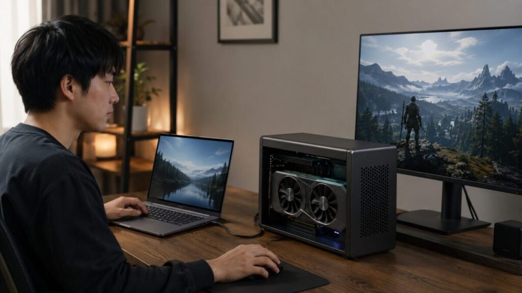 ノートPCを外付けGPUボックスと外部モニターにつなぎ、映像処理やゲームを行っているデスク環境