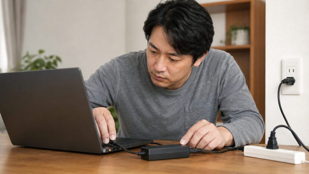 ノートPCのACアダプタと電源ランプを確認している様子