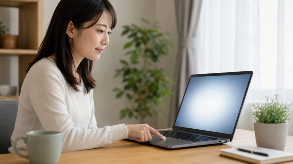 スリープ状態のノートPCを電源ボタンの短押しで復帰させている様子