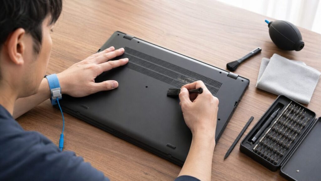 静電気対策をしてノートPC底面の通気口をブラシで掃除する様子