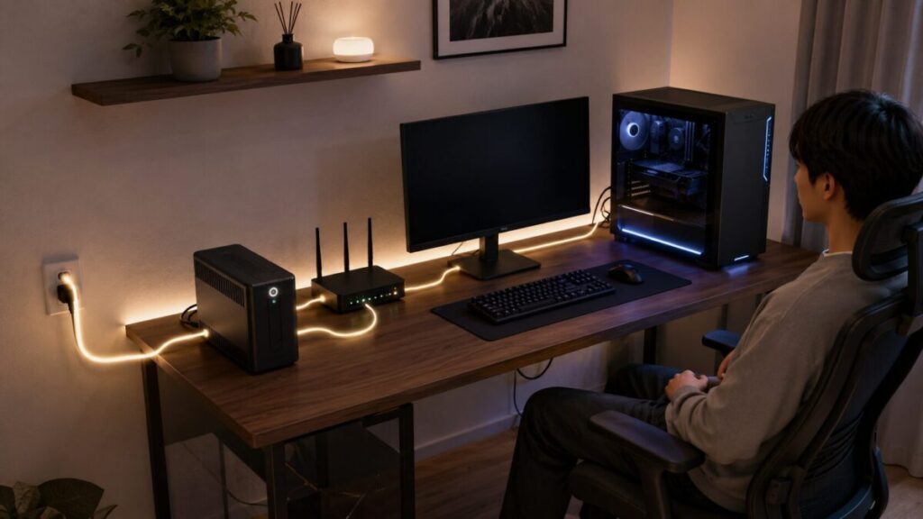 家庭用デスクでUPSを介してゲーミングPCとルーターを接続している構成