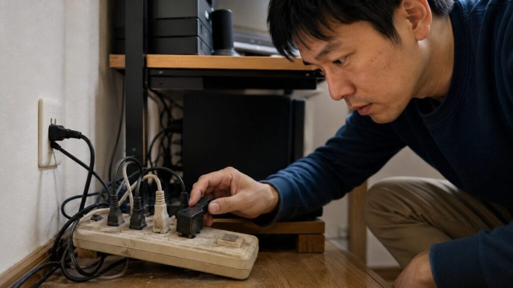 ホコリがたまった古い電源タップとプラグの状態を確認している様子