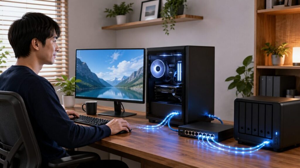 デスクトップPC、10GbEスイッチ、NASをLANケーブルで接続した高速ネットワーク環境