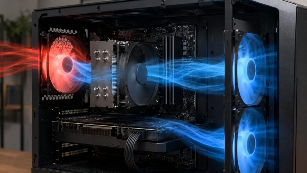 前面ファンから取り込んだ空気がCPUクーラーを通って背面へ排気されるPC内部