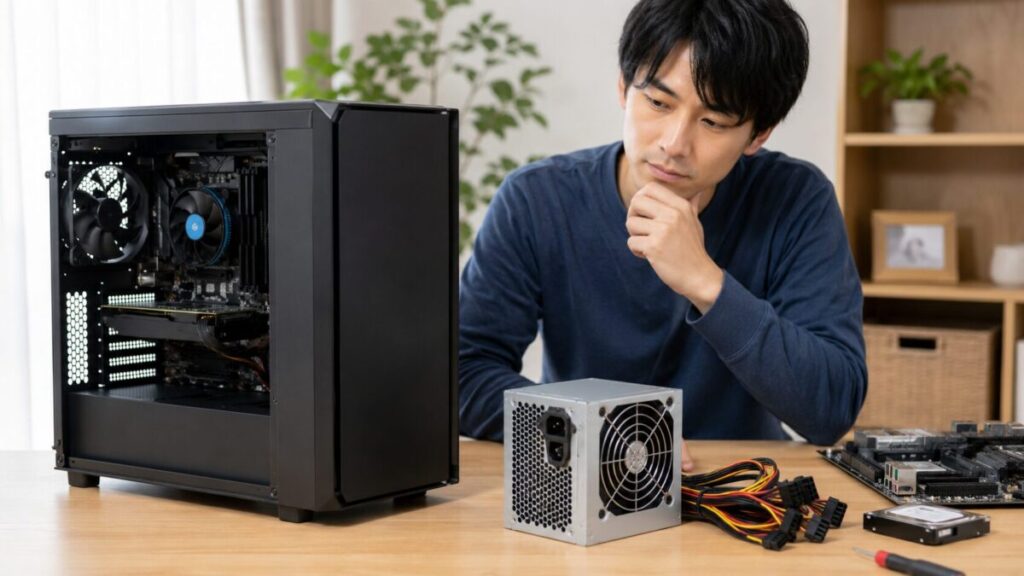 PC本体と取り外した電源ユニットを並べて処分方法を確認する様子