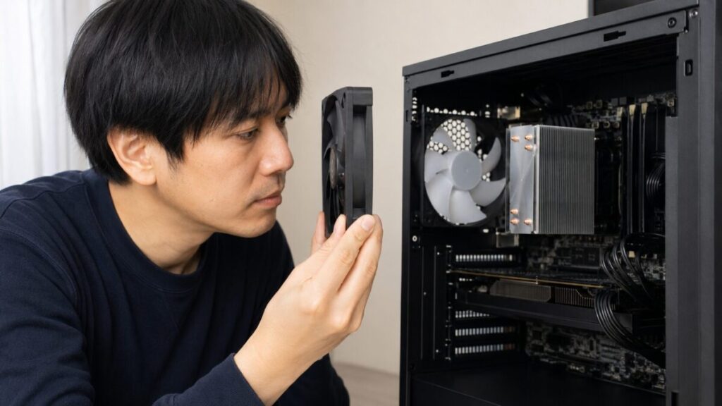 PCケースを開けてケースファンの向きと取り付け位置を確認する様子