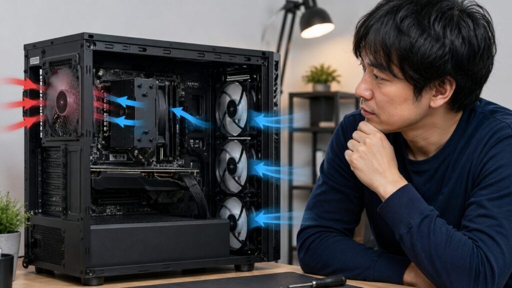 開いたPCケース内部のCPUファンとケースファンのエアフローを確認している様子