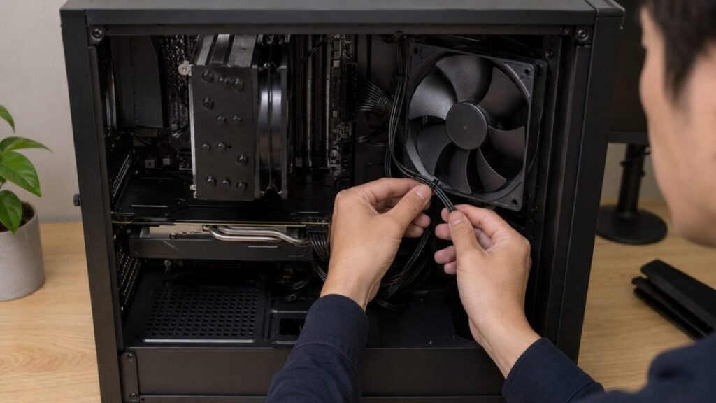 デスクトップPC内部でファンに近いケーブルを整理して接触を防いでいる様子