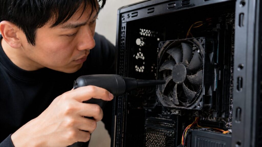 電動エアダスターでホコリの付いたPCケースファンを清掃する男性