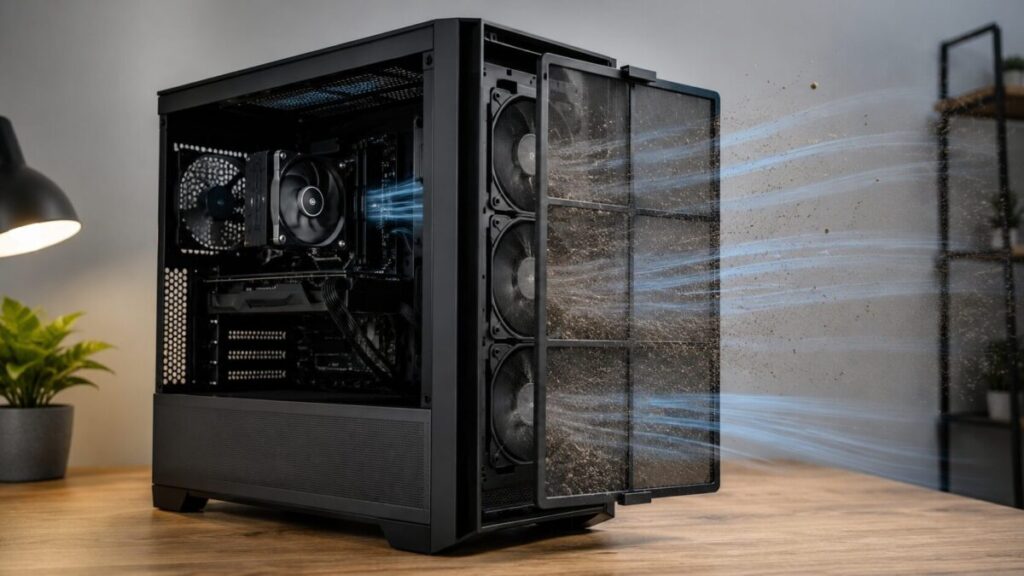 ホコリが付着したPCファンフィルターを通って空気が吸い込まれる様子