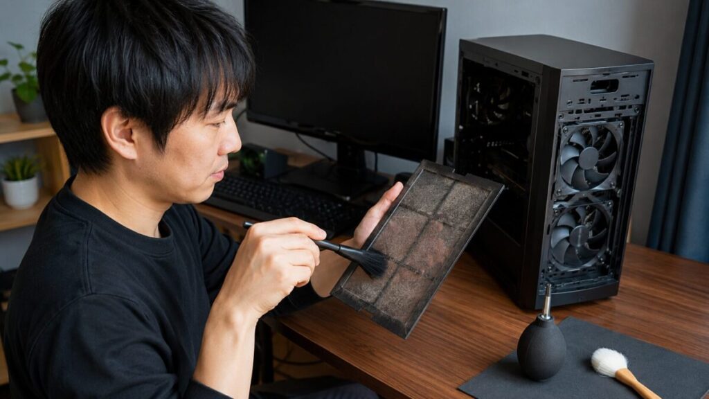PCケースから取り外したホコリの多いファンフィルターをブラシで掃除する様子