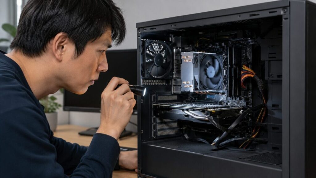 デスクトップPC内部のCPUファンやケースファンを点検する様子