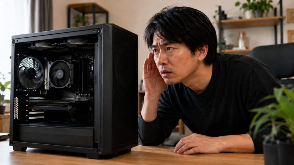PCファンの異音を確認するためデスクトップPCに耳を近づけている男性