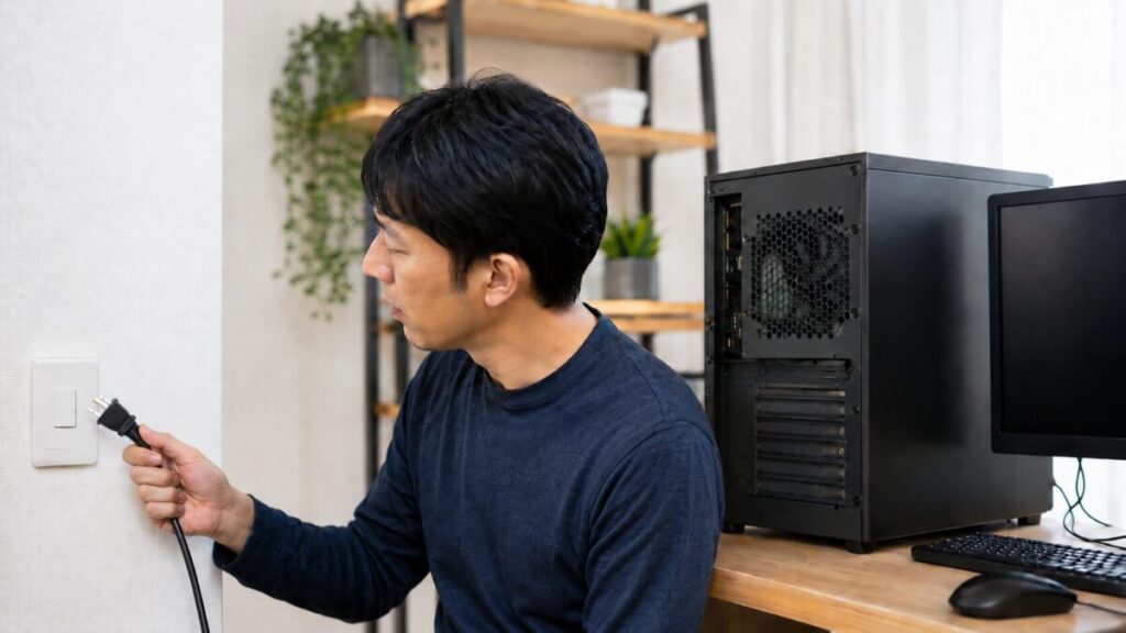 PCファンの異音を確認する前にデスクトップPCの電源プラグを抜く男性