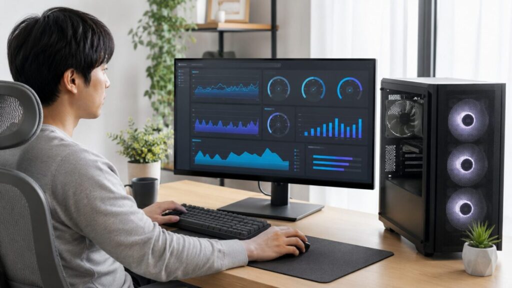 監視ソフトでPCファンの回転数と温度を確認している様子