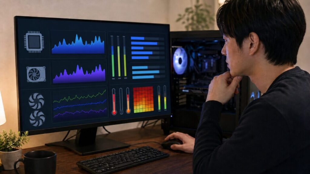 PCの温度とファン回転数を監視して異常回転の原因を調べる様子