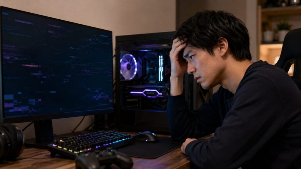 PCゲームが落ちて画面表示が乱れ、ゲーミングPCの前で原因を考える男性