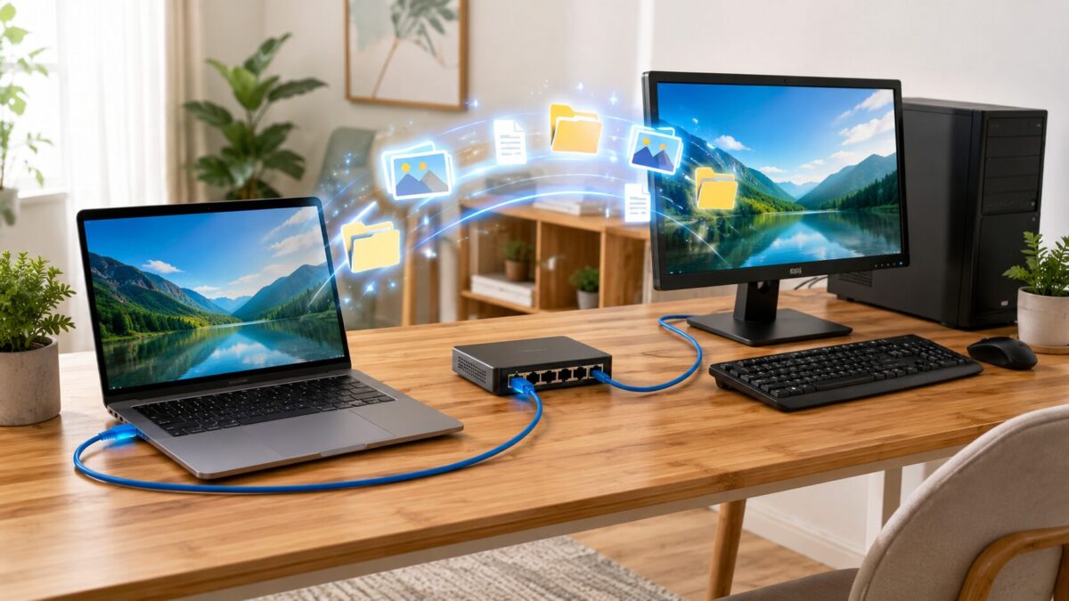 LAN接続されたノートPCとデスクトップPCの間でファイル共有しているイメージ