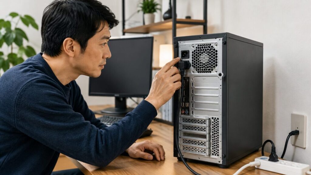 デスクトップPC背面の電源ケーブルと電源スイッチを確認している様子