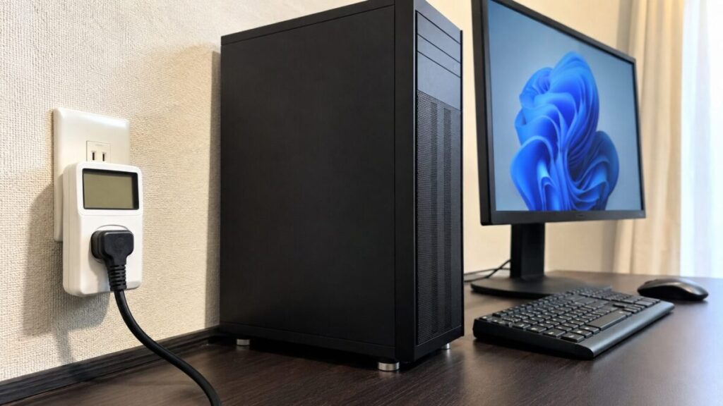 ワットモニターをコンセントに接続して、デスクトップPCの消費電力を測定している環境