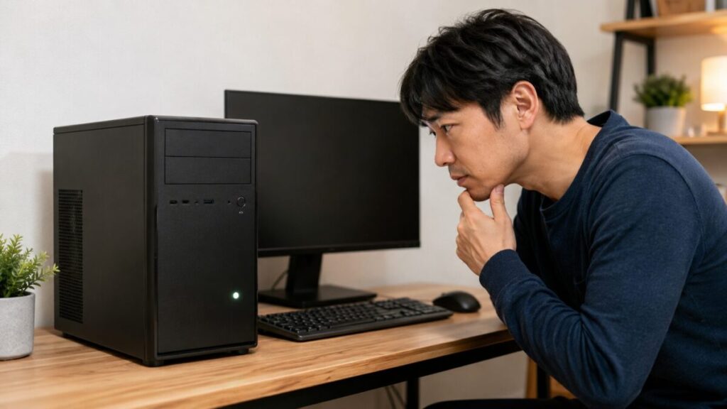 電源ランプが点滅するデスクトップPCの状態を確認している様子
